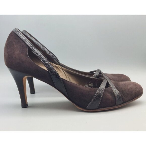 Ann Taylor Brown Suede Pumps Heels Shoes Leather Croc Straps Size 9M Career - Picture 4 of 14